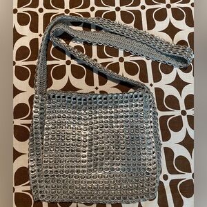 Escama studio “Masha” crossbody satchel. Up cycled tab tops. silver bag. EUC